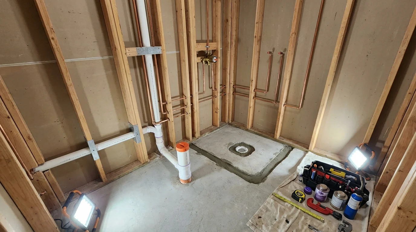 Bathroom rough-in plumbing during remodel by Johns Plumbing LLC in Calera